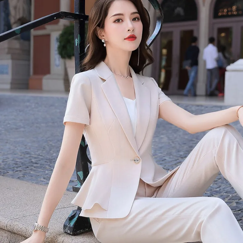 Traje de pantalones de moda para mujer, Blazer de manga corta ajustado Formal, ropa de trabajo de oficina para mujer, verano, nuevo