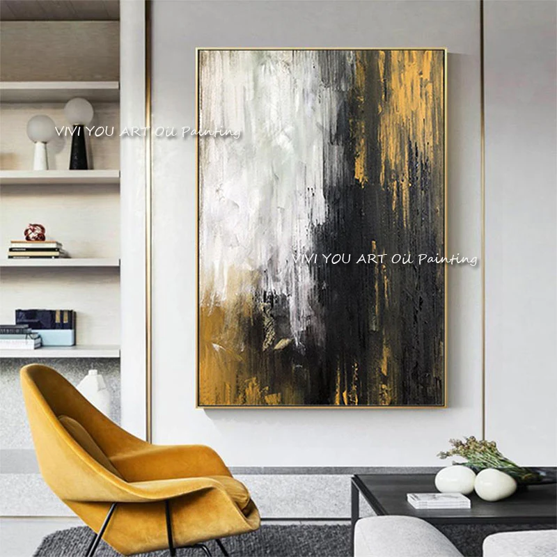 The Gold White Yellow Original Abstract Modern Thick Gray Oil Painting Handpainted Textured Brush Wall Art Drawings Unframed