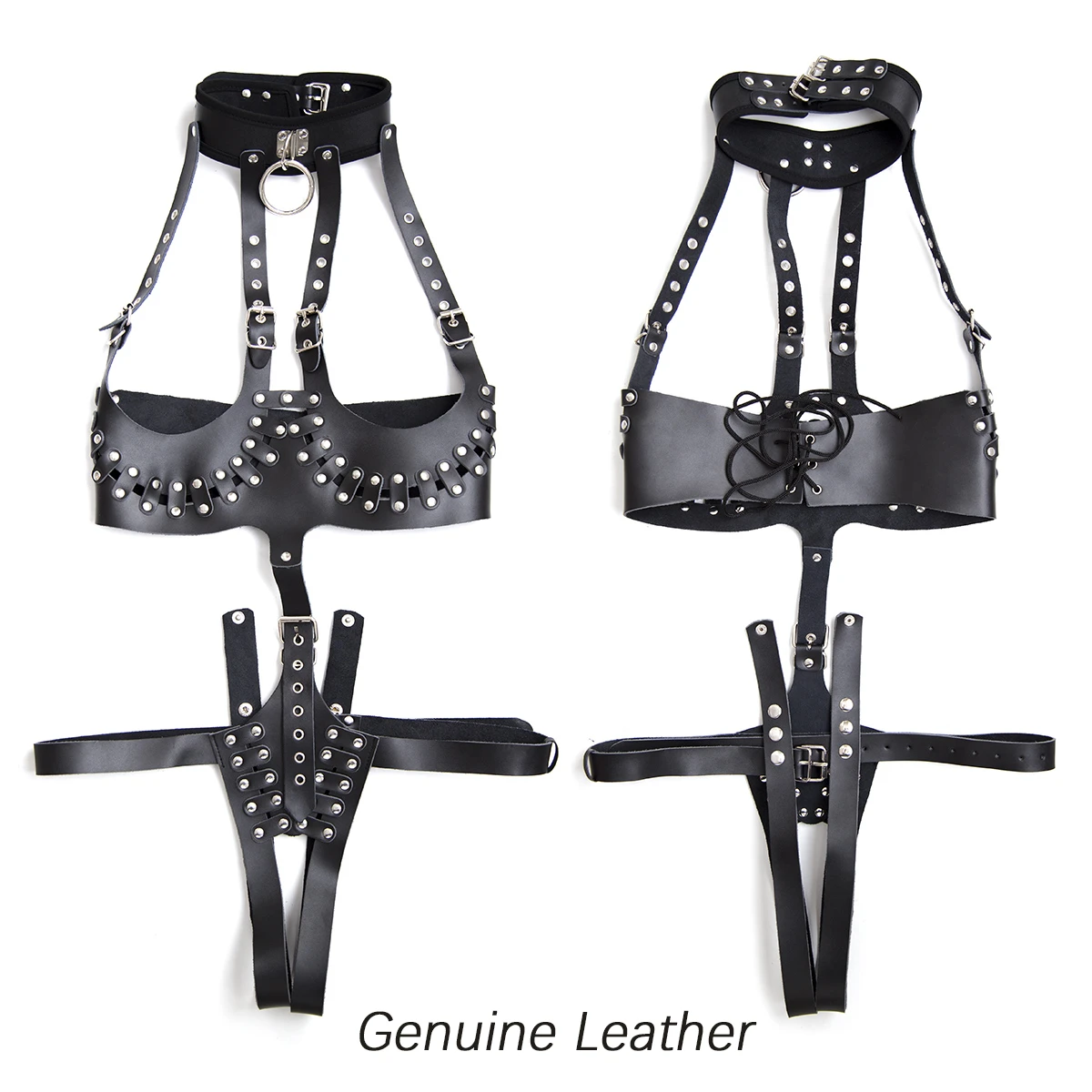 Thierry Adult Games Fetish  Leather Women\'s Bondage Cupless Bare Breast Open The Crotch With Neck Collar Chastity Device