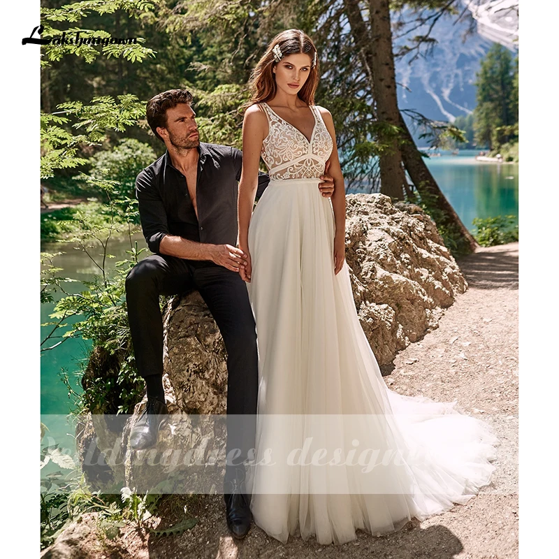 Abito da sposa in pizzo bohemien abito da sposa 2021 elegante scollo a v Beach Boho abiti da sposa su misura vestido de novia senza maniche