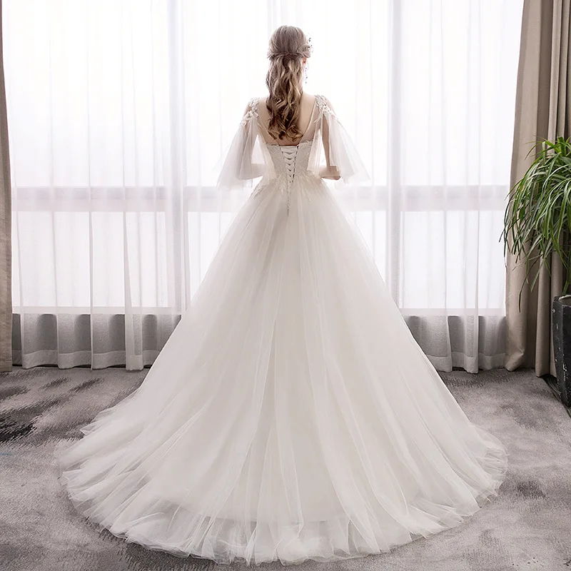 Neue Brautkleider V-Ausschnitt Applikationen A-Linie Perlen Tüll Brautkleid einfache Brautkleid Robe de Mariée