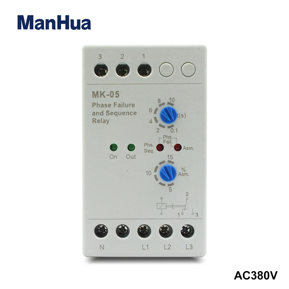 ManHua Protect Motor From Phase Failure Phase Sequence reserve voltage unbalance 3 phase 380V MK-05 Phase Failure device