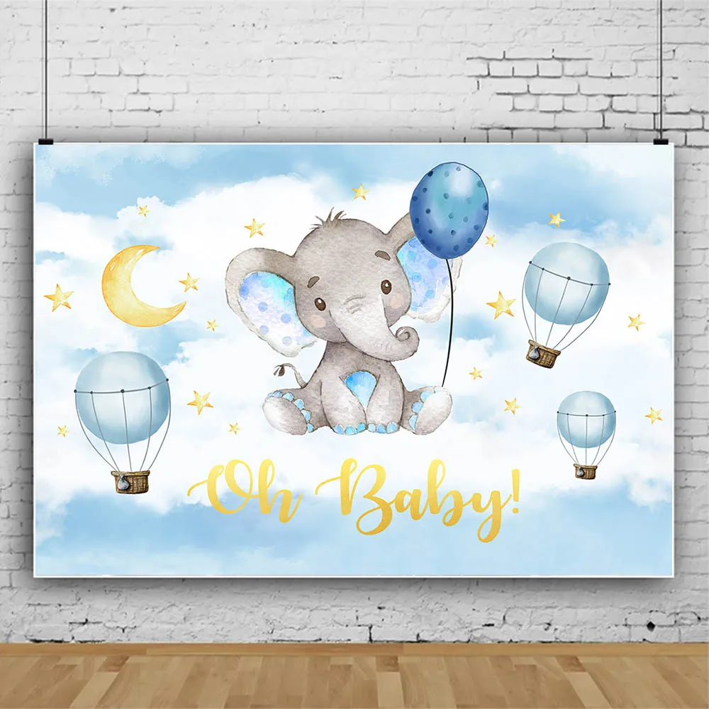 Mocsicka Oh Baby Newborn Baby Shower Backdrop Elephant Hot Air Balloon Gold Star Photo Background Blue Sky White Cloud Decoratio