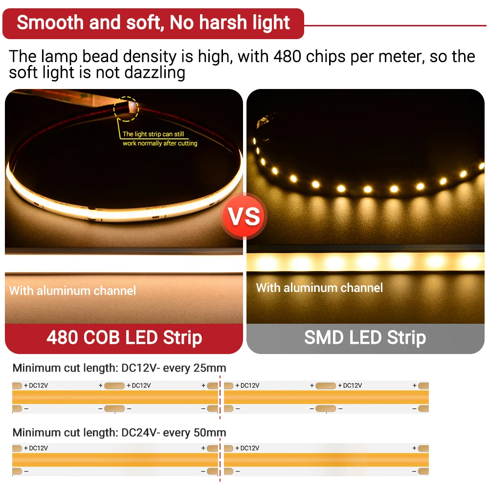 Flexible COB LED Strip Light DC 12V 24V 8mm 480 leds/M FOB High Density Tape Ribbon RA90 2700K 3000K 4000K 6000K Linear Dimmable