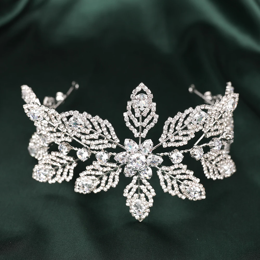 Crystal Hollow Out Maple Leaf Rhinestone/Zirconia Crowns Bridal Wedding Tiaras Diamante Headwear for Birthday Party