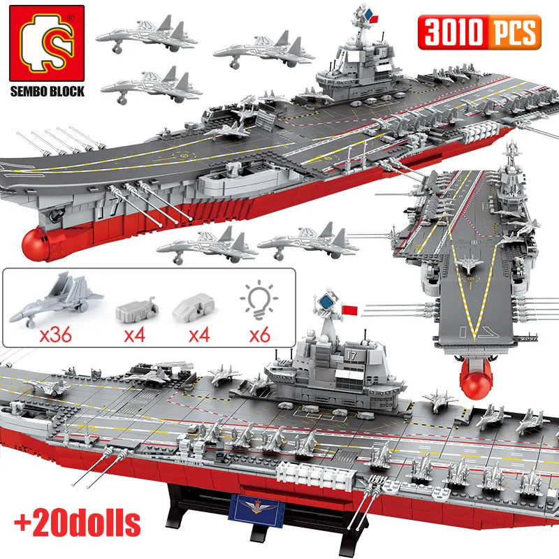 SEMBO 3010PCS WW2 Warship Cruiser Building Blocks Military City Police LED Lights Aircraft Carriers Bricks Toys for Boys