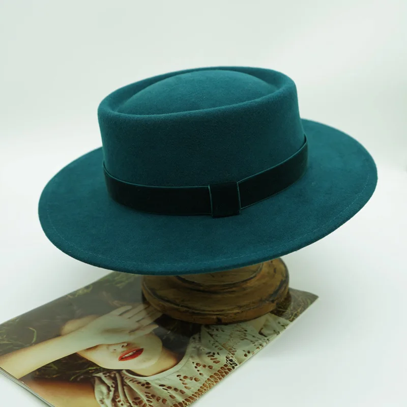 

French Elegant Retro Blue-green Wool Concave Top Fall Winter Fedora Hat For Women Designer Custom Casual Felt Hat High Quality