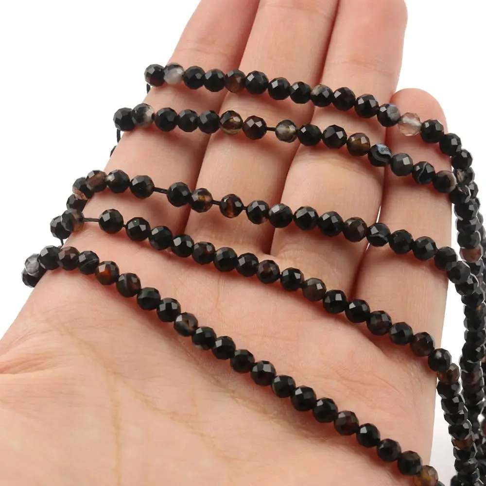 Natural Black Stripes Agates 2/3/4mm Faceted Loose Round Mineral Beads for Jewelry Making DIY Christmas Gift Bracelets 15inch