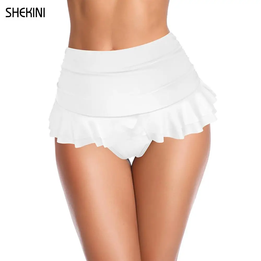 SHEKINI Women\'s Swim Skirt Summer High Waisted Built-in Bottom Shirred Ruffle Skirt Solid Shorts Ruched Tummy Control Swimsuit