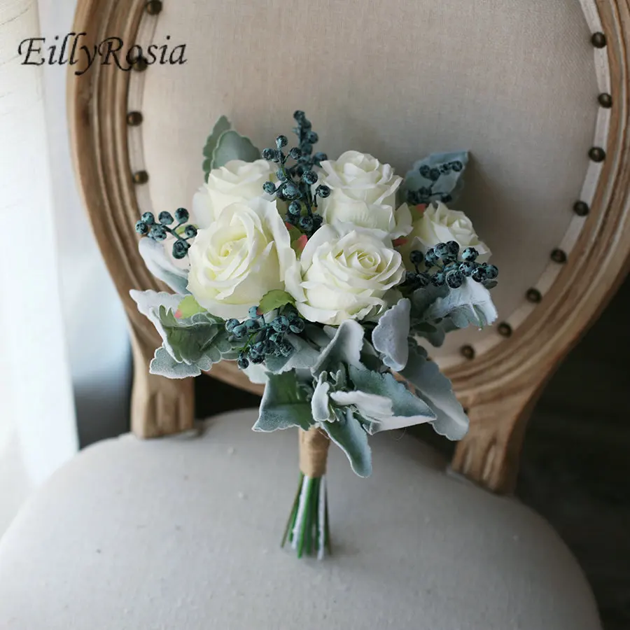 

EillyRosia White Roses Blue Berry Wedding Flowers for Bridesmaid Bouquet Chrysanthemum Maid of Honor Wedding Holding Flowers