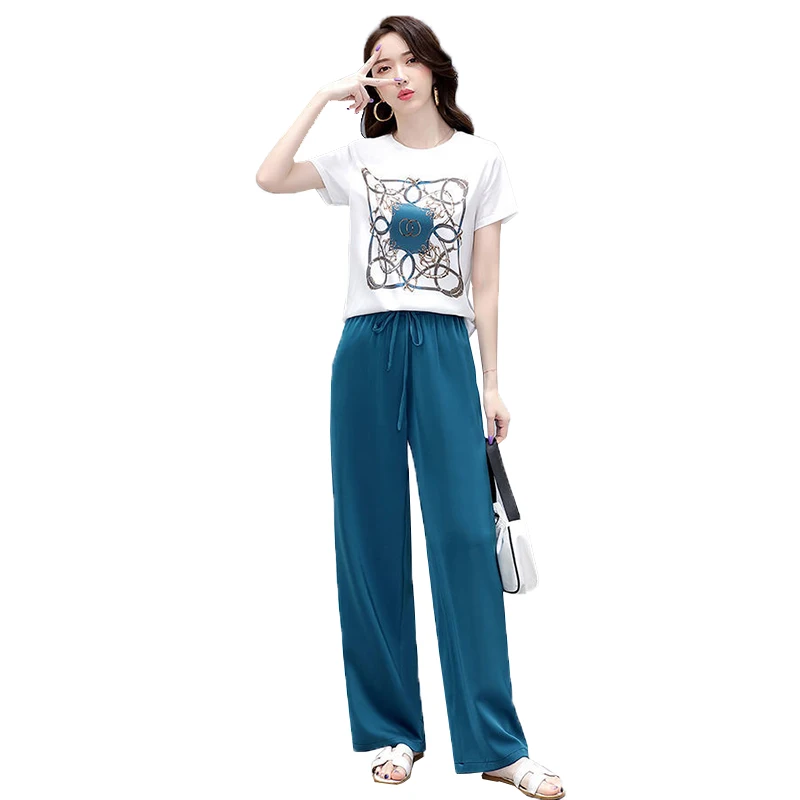 

2022 Summer New Women Two-piece Suit Middle Aged Loose Short Sleeve Tshirt Tops And Wide leg pants 2 piece Set Female Outfits