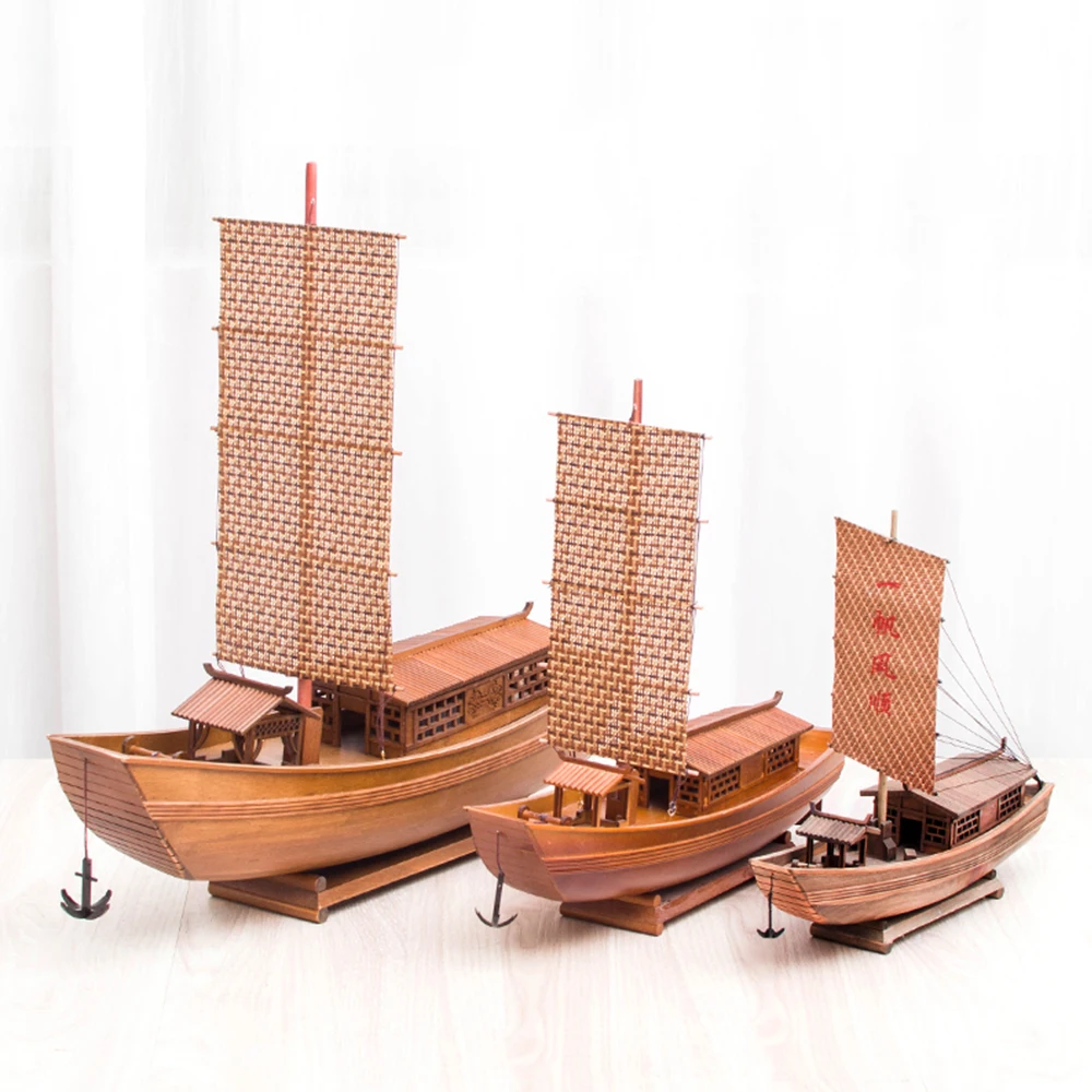 Chinese Retro Jiangnan Water Township Design DIY Wood Boat Model Handmade Wooden Dark-awninged Boat Small Fishing Boat Models