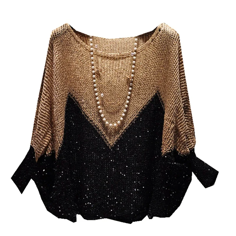 Yan Li Shinny Lurex Sweater Women Round Neck Long Jumper Casual Knit Pull Femme Pullover Bling Bling Sequin Sweater