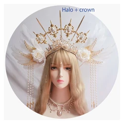 DIY Kit Customize Handmade Gothic Tiaras Gothic Style Bridal Halo Crown Angel Virgin Mary Metal Wing Rose With Bead Chain