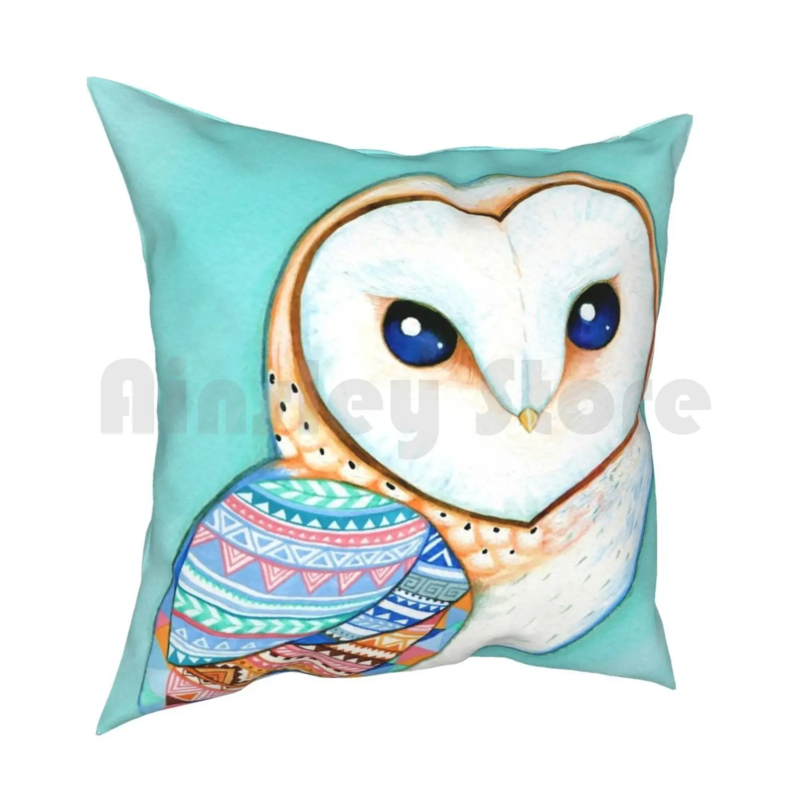 Tribal Pattern Barn Owl Pillow Case Printed Home Soft DIY Pillow cover Owl Bird Cute Teal Mint Earthy Nature Tyto Alba Barn