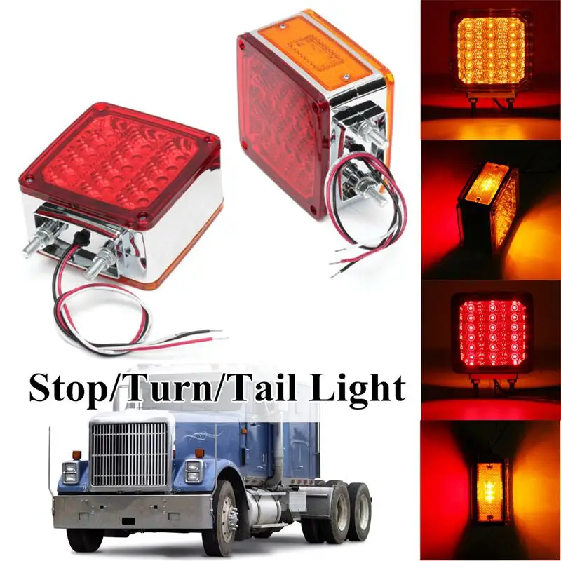 2xTruck Trailer Square Double Face Pedestal Stop Turn Tail Light Amber/Red 39 LED for Peterbilt Freightliner Kenworth Mack