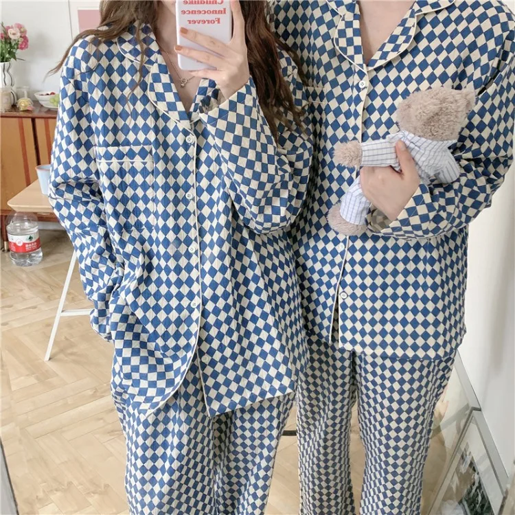 

Autumn Ladies Pajamas Set Ins Cute Fashion Diamond Lattice Couples Pajamas Home Service Suits Long Sleeve Suit Pajamas