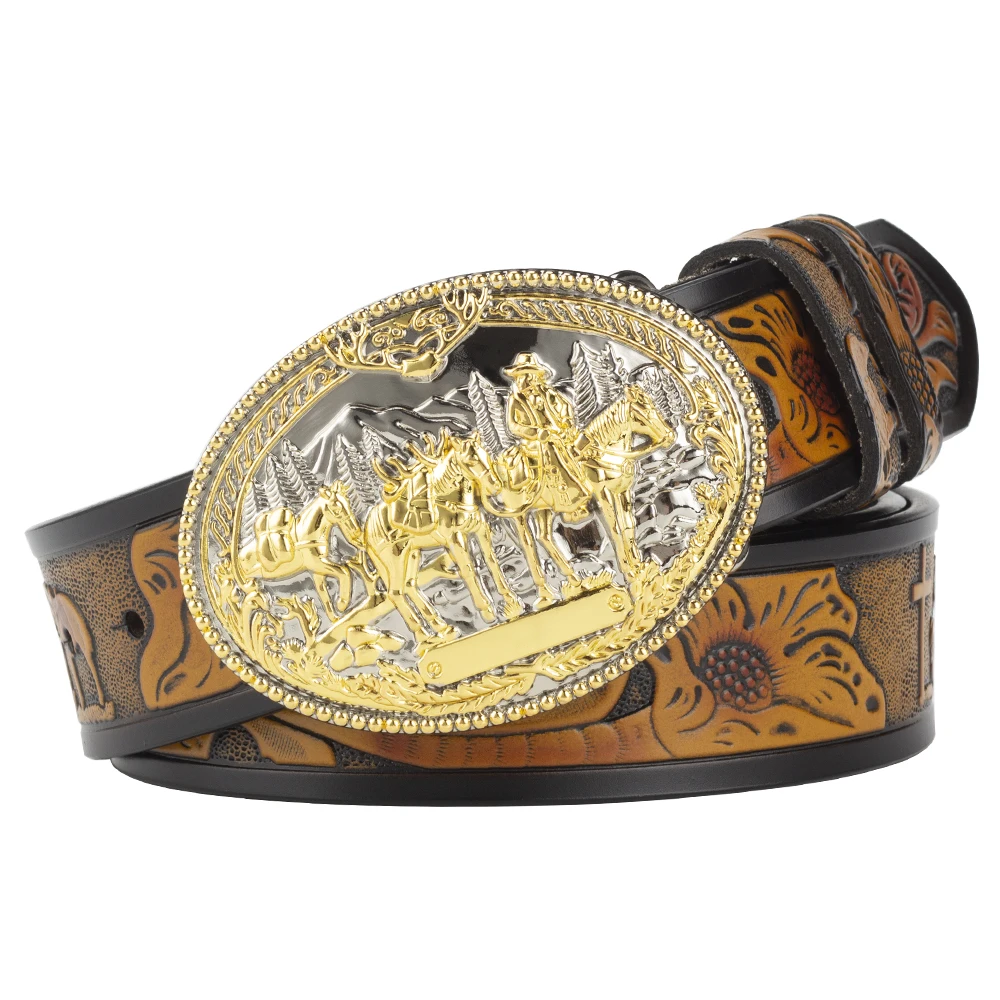 Horse Team Golden Buckle Embossed Leather Belt Cross Pattern Fashion Men Ｗest Cowboy