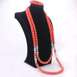 4ujewelry 44 Inches African Men Artificial Coral Beads Jewelry Set Two Layers Groom Bridal Jewelry Set 2023