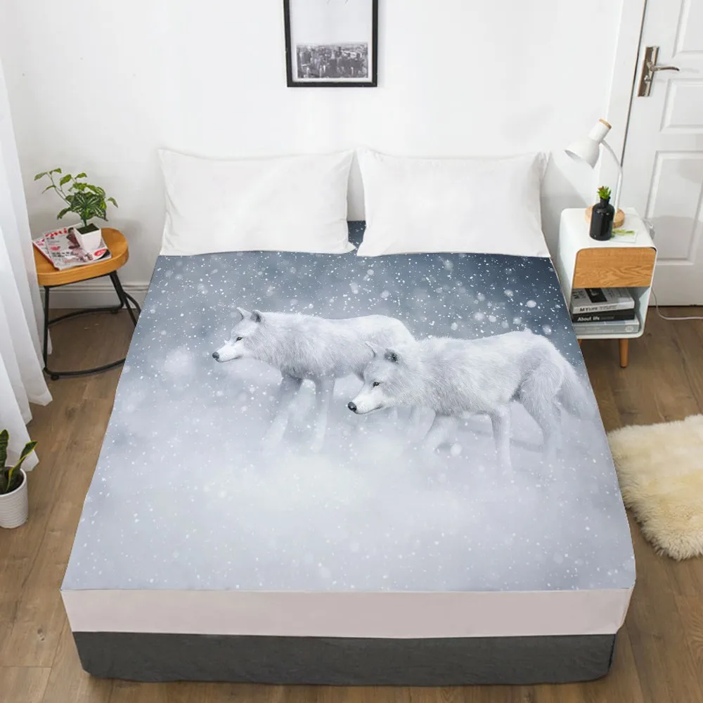 

3D Printed Fitted Sheet Custom Design Mattress Fitted Cover Bed Linens Sheets Bedsheet 198*203cm Two Snow Wolf Home Bedding