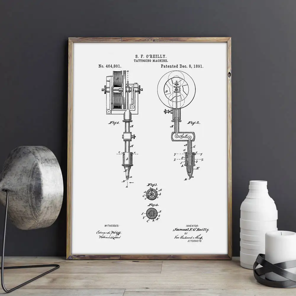 First Tattoo Machine Patent Posters and Prints Tattoo Parlor Wall Art Canvas Painting Vintage Blueprint Picture Home Decor