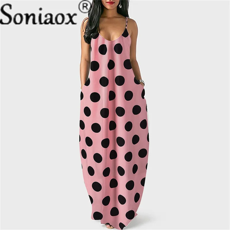 2021 Women BIg Polka Dot Printed V Neck Summer Dresses Ladies Sling Sleeveless Long Maxi Beach Dress Party Casual Holiday Dress