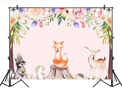 7x5FT Light Pink Floral Flowers Woodland Creatures Fox Bear Deer Woods Custom Photo Backdrop Background Vinyl 220cm x 150cm