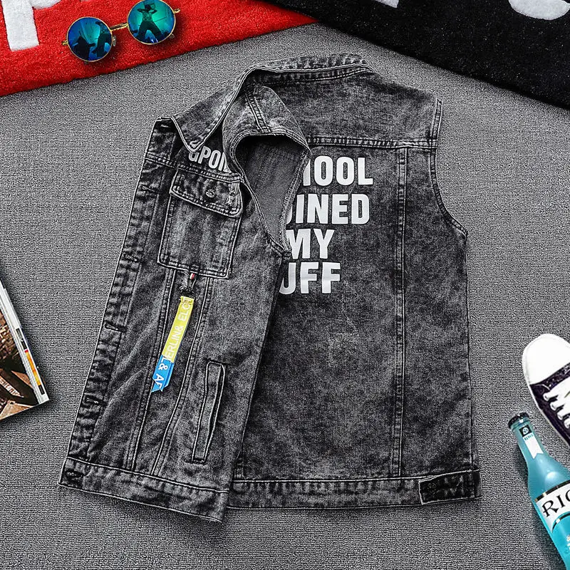 

BANNAJI Men`s Punk Denim Vest Japanese Style Waistcoat Fashion Vintage Sleeveless Ripped Jeans Jacket and Coat For Male