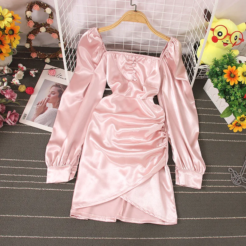 Women's Long Sleeve Satin Dress Square Collar Pleated Mini Dresses Solid Color Ladies Party Dress Streetwear