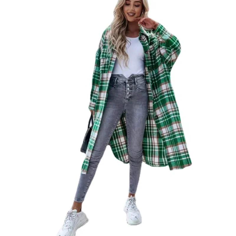 Women Plaid Warm Shirt Female Trench Checked Coat Casual Turn-down Collar Long Sleeve Autumn Blouse Fashion Loose Outwear Tops