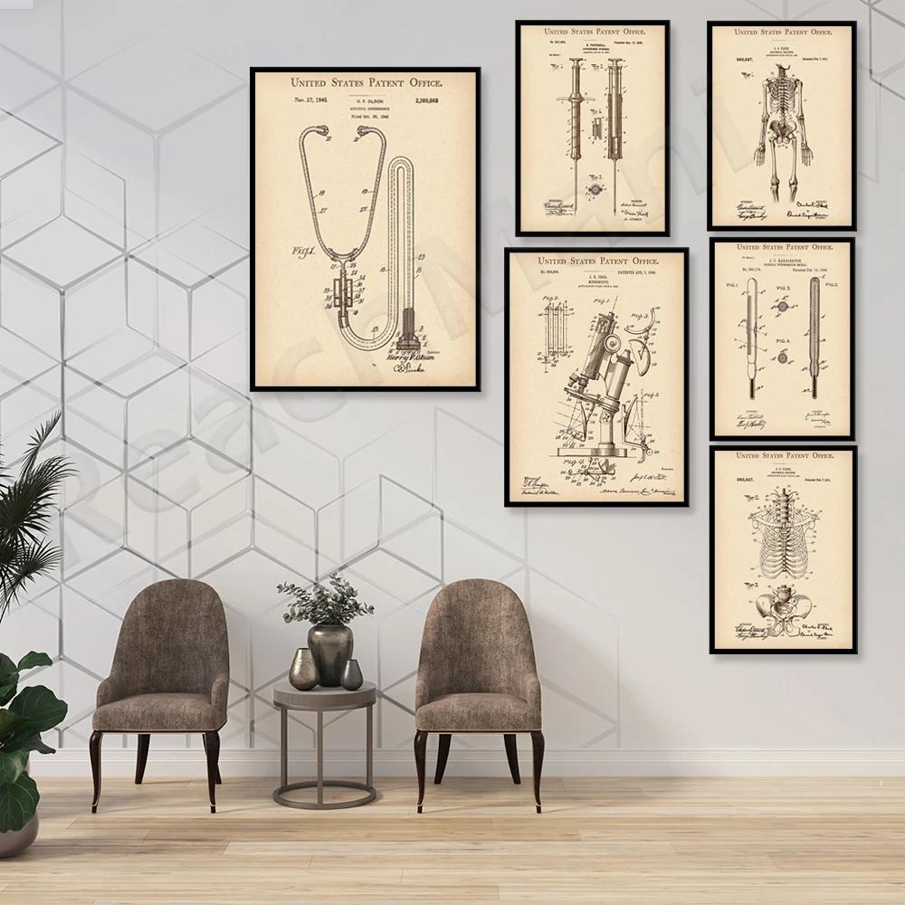 

Medical poster doctor equipment patent clinic poster, stethoscope print microscope blueprint retro thermometer syringe drawing n