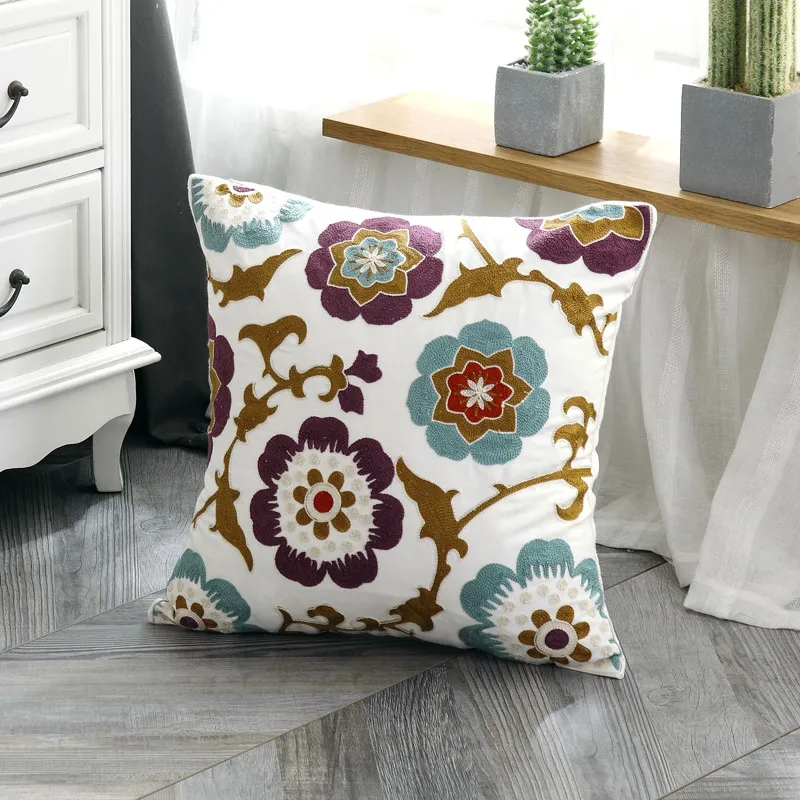 Home Decoration Cushion Cover Ethnic Style Canvas Square Embroidery Pillow Cover 45x45cm for Sofa Bed
