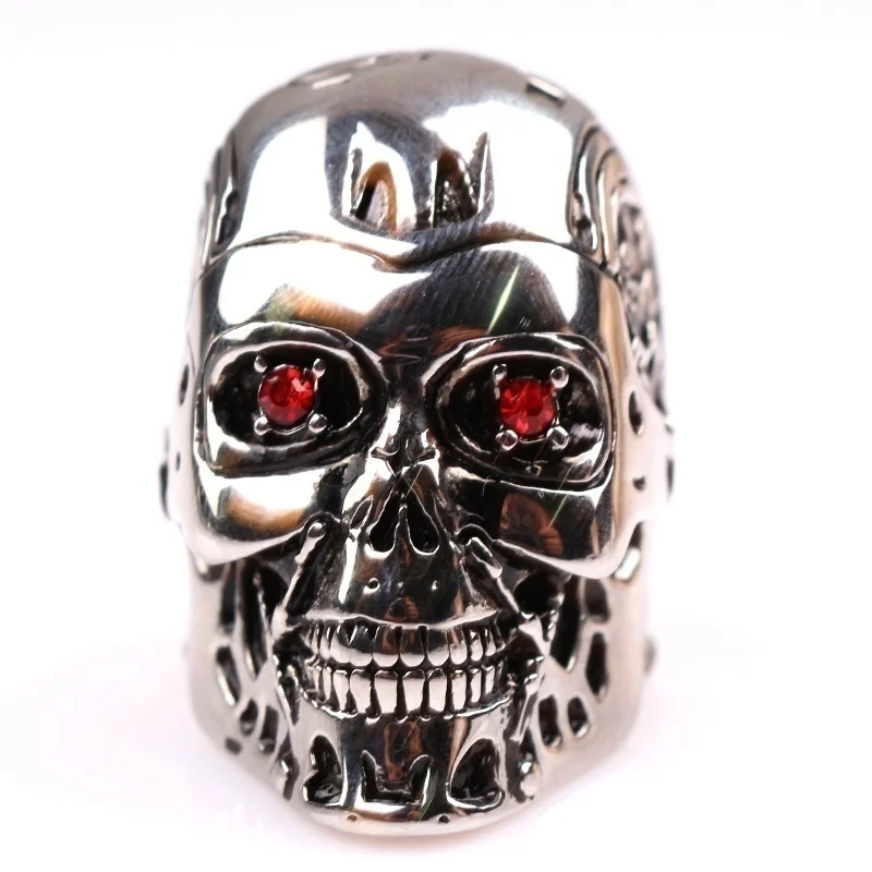 New Exaggerated Skull Ring Men\'s Ring Bohemian Red Crystal Inlaid Metal Silver-Plated Ring Accessories Party Jewelry