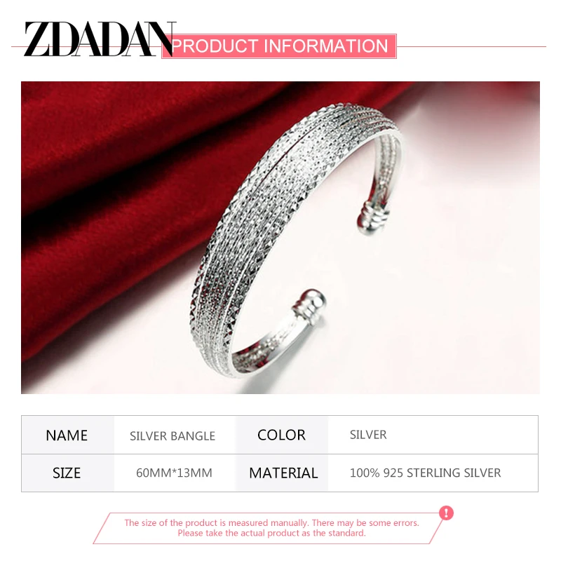 ZDADAN 925 Sterling Silver Scrub Multi Line Open Cuff Bracelet For Women Party Jewelry Gift