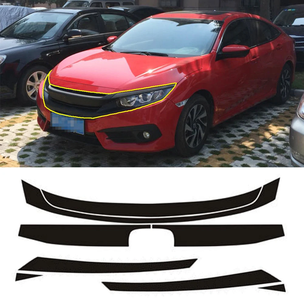 8PCS Carbon Fiber Vinyl Front Grille Grill Decal Skin Engine Cover Sticker Car Wrap Trim for Honda Civic 10th 2016 2017 2018