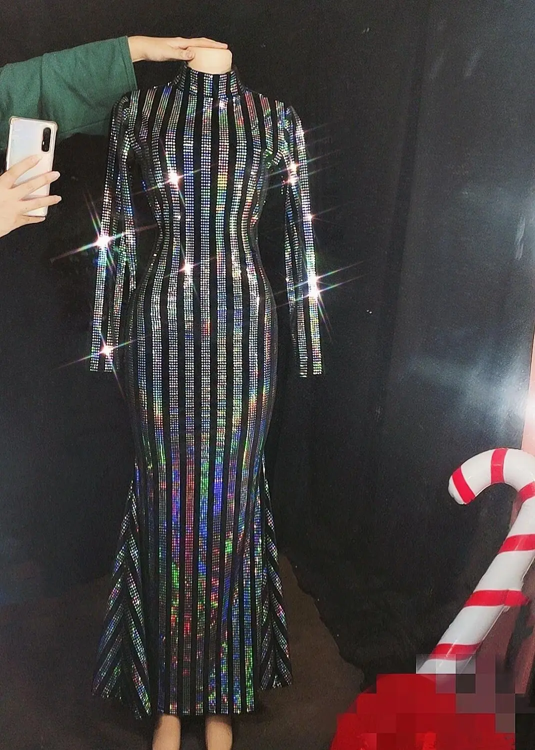 Bling Colorful Striped Sequins Long Dress Birthday Prom Celebrate Black Outfit Female Singer Show Evening Dresses Costume