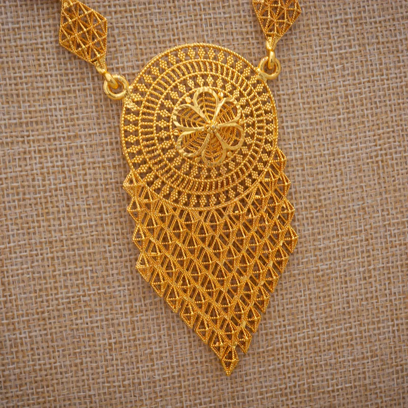 Annayoyo Gold Color Jewelry sets for Women Dubai Bangles African Chain Necklace Earrings  Sets
