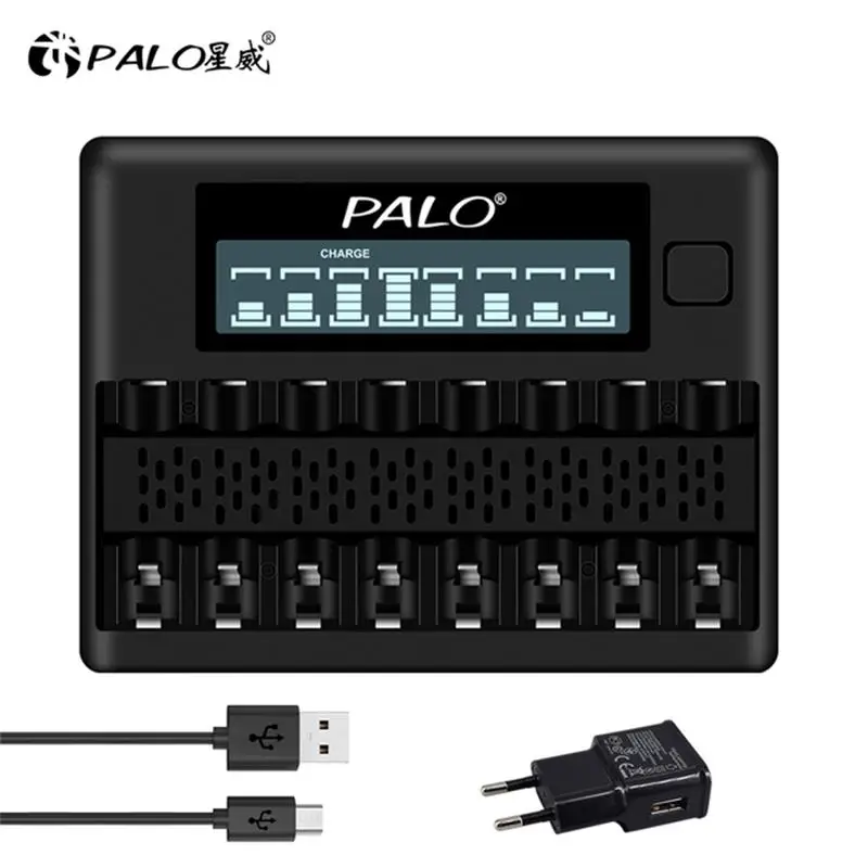 PALO 8 Slots LCD Smart AA Battery Charger For 1.2V AA AAA NI-MH NI-CD Rechargerable Battery 2A 3A Fast Charging USB Charger