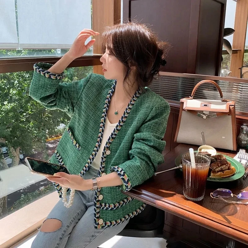 Green High Quality French Vintage Small Fragrance Tweed Women\'s Spring Autumn Casual Fried Street Short Suit Coat Outwear