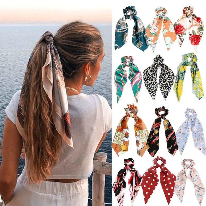 

Fashion Printing Long Scarf Hair Bands For Women Scrunchie Elastic Ribbons Bow Tie Ponytail Holder Girl Elegant Hair Accessories