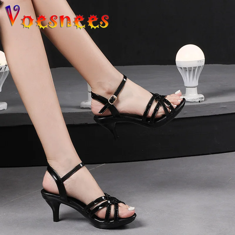 Comfortable Patent Leather Women Sandals Thick Platforms 6CM Stilettos Summer Hollow Out Thin Band Fashion Bridal Shoes 6 Color