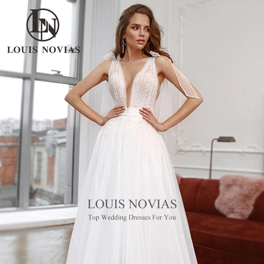 

LOUIS NOVIAS Boho Wedding Dresses For Women Fairy Ribbon Bridal Backless Beaded Sleeveless Sexy V-Neck A-Line Vestidos De Novia