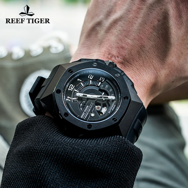 Reef Tiger/RT Top Brand All Black Automatic Mechanical Men Watches Rubber Strap Sapphire Glass 100M Waterproof Men Sport Watch