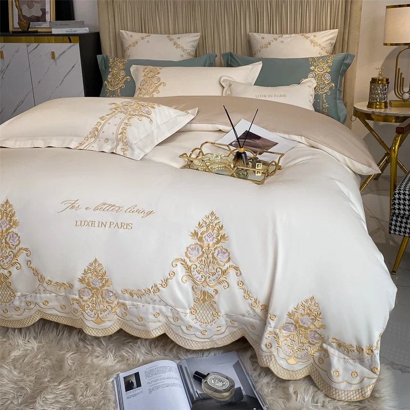 New Luxury 1000TC Egyptian Cotton Gold Chic Embroidery 4Pcs Bedding Set Quilt/Duvet Cover Set Bed Linen Fitted Sheet Pillowcases