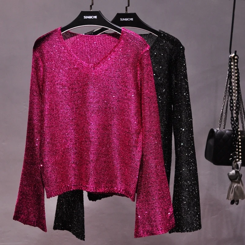 Women Clothes 2023 Korean Fashion Sequins V-neck Big Trumpet Sleeve Hollow Out Light Silk Knitting Sweater Sheet Metal Coat