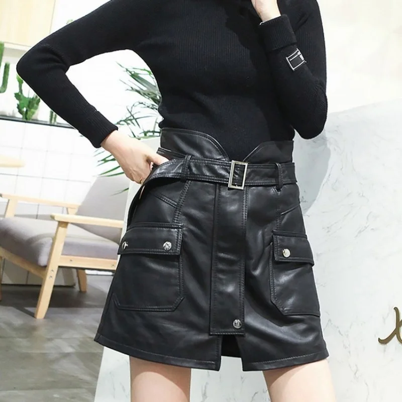 Leather Genuine Skirt High Quality New Autumn Sheepskin Sexy Split A-Line Skirts Streetwear Women Casual High Waist Cargo Skirts