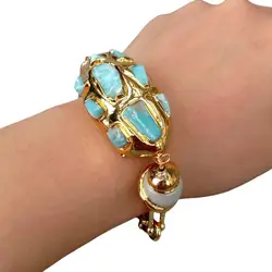 KKGEM 25x47mm natural Blue Larimar Chips pave Cultured White Keshi Pearl Gold Plated Chain Bracelet
