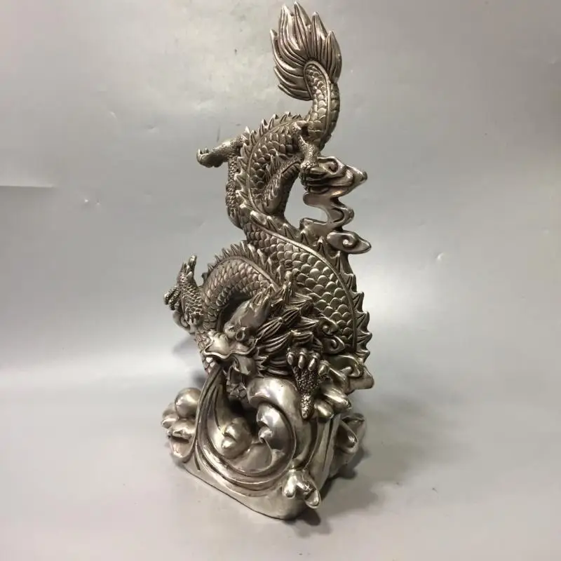 white copper Height 13.78 inch Metal crafts Home Decoration Chinese Cupronickel Carved Dragon Statue dragon Sculpture 4832 G