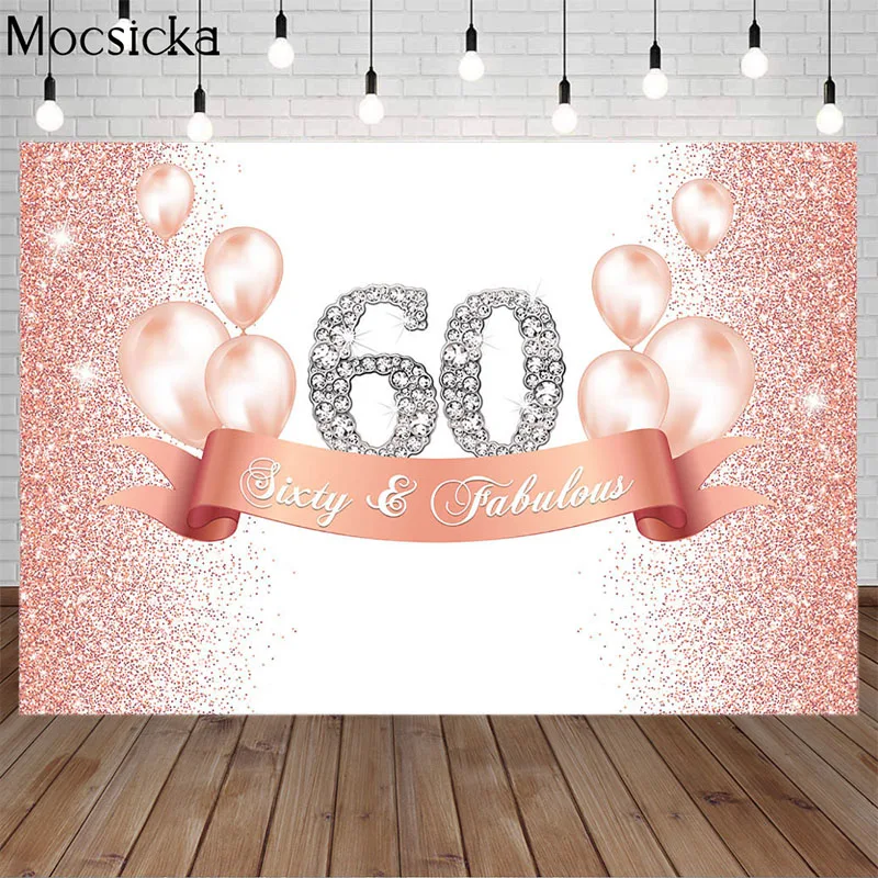 

Glitter Rose Gold Dot 60th Birthday Party Photography Background Diamond Balloon Sixty Birthday Decorations Bnner Backdrops