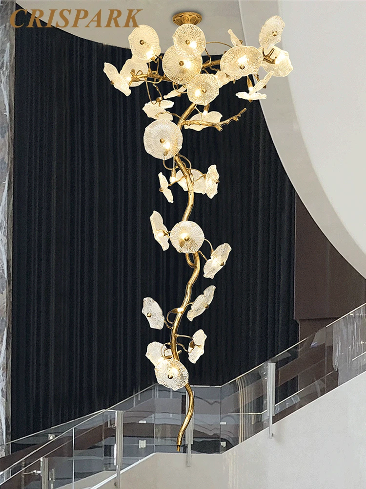 Luxury Brass Branch Chandeliers LED Modern Flower Glass Large Ceiling Chandelier Home Decorative Lustre for Stairs Living Room